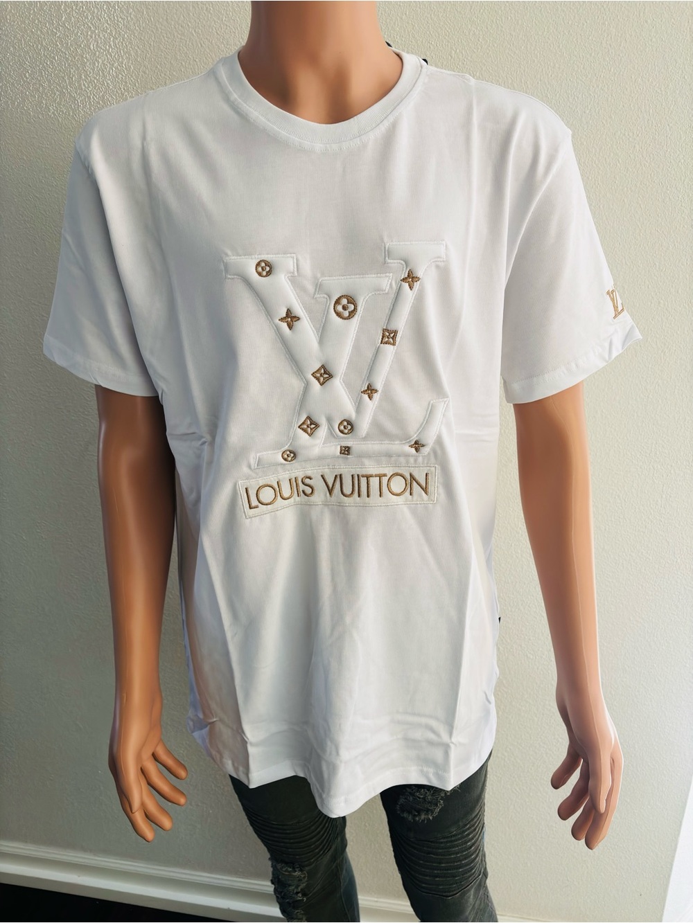 Louis Vuitton White T-Shirt with Gold Embellished LV Logo